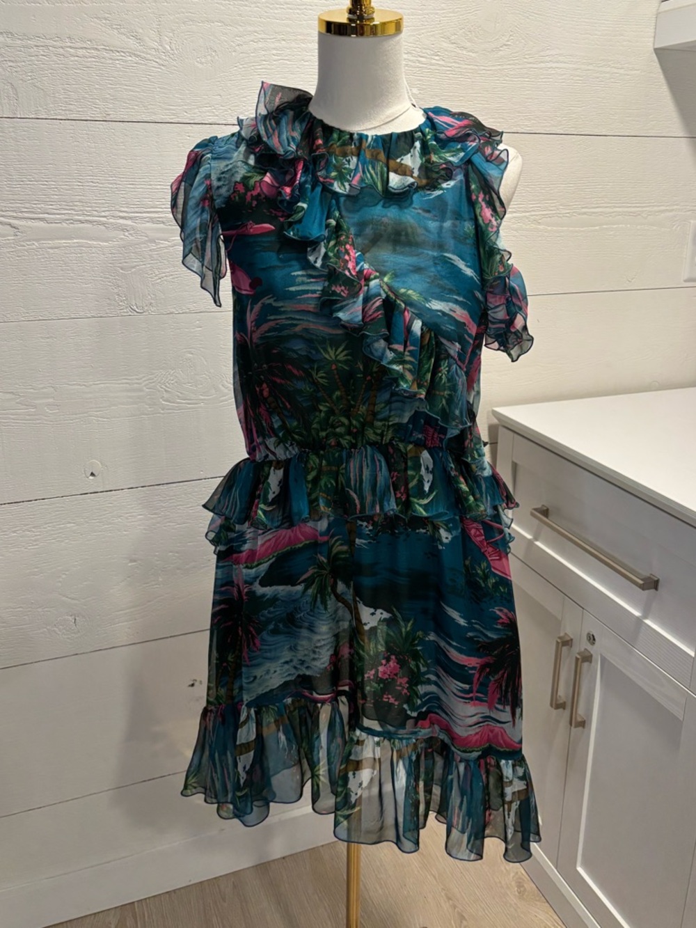 MSGM Milano Silk Chiffon Ruffle Dress Tropical Print Resort Cocktail Dress NWT